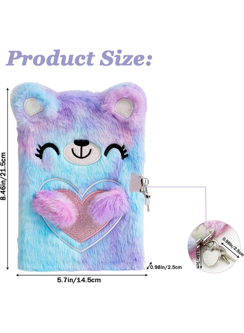 YelaJoy Fuzzy Bear Diary Notebook, Diary with Lock and Tie-Dye, Secret Lock Diary for Writing and Drawing, Hardcover Fluffy Bear Secret Diary for Kids - Image 3